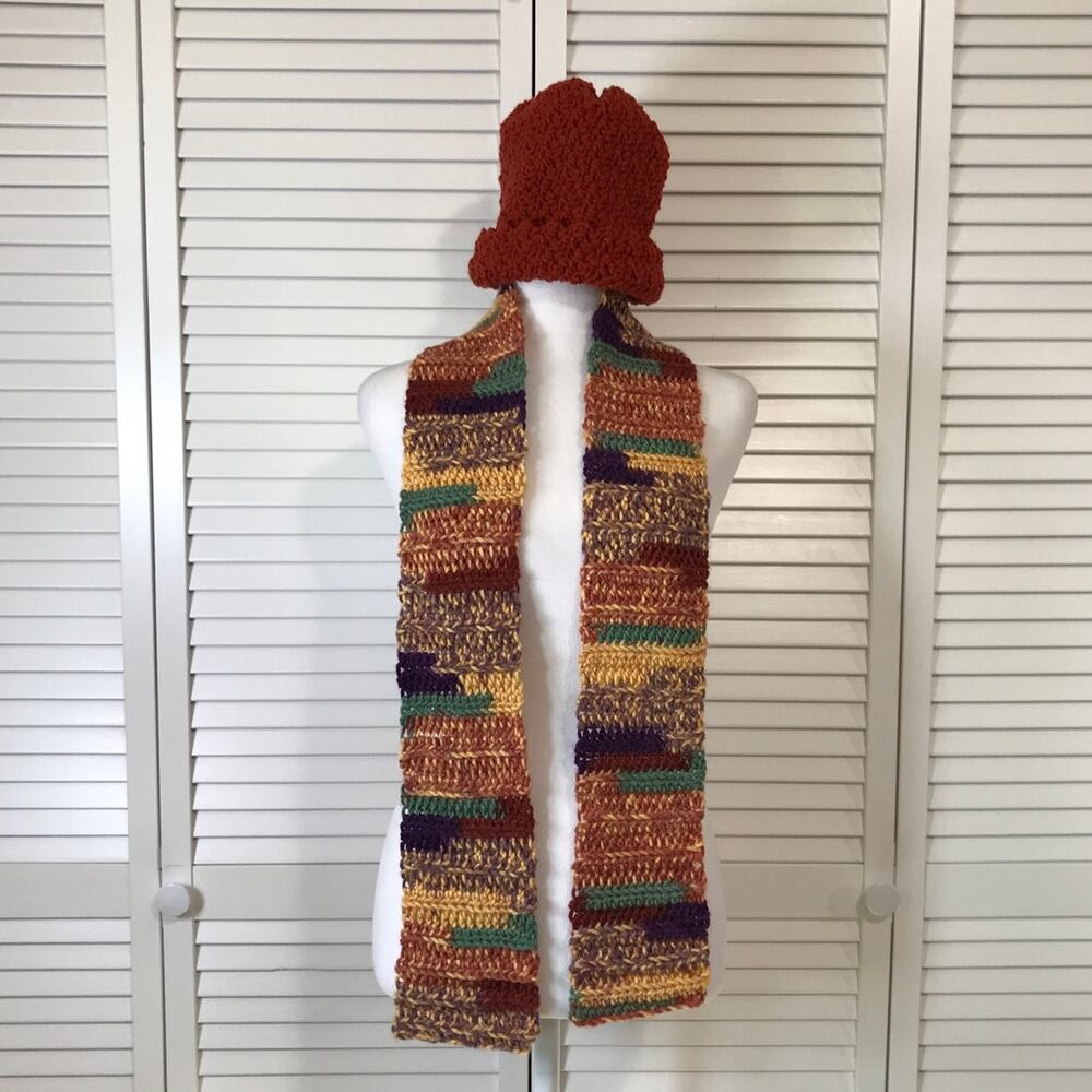 NWT Handmade Crocheted Rust Multicolor Textured Beanie Scarf 57”